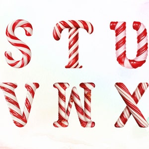 May include: Candy cane letters spelling out the word "STUVWX". The letters are red and white and are arranged in a row.