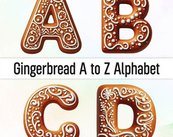 Alphabet de cliparts personnalisés en pain d'épice, Png, biscuits de pain d'épice, biscuits de Noël, lettres de Noël, paquet Png
