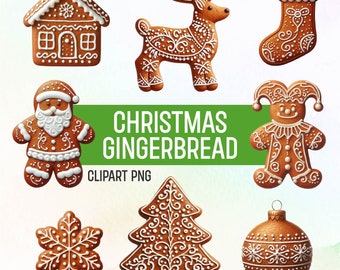 May include: A set of nine Christmas gingerbread cookies, including a gingerbread house, a reindeer, a stocking, a gingerbread man, a Christmas tree, a snowflake, and an ornament. The cookies are decorated with white icing and have a festive design.