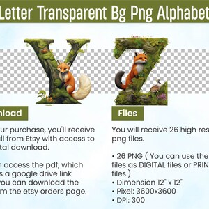 May include: A set of 26 alphabet letters with a nature theme. Each letter is made of a green leafy tree with a fox peeking out. The letters are on a transparent background. The letters are 12 inches by 12 inches and have a resolution of 3600x3600 pixels. The DPI is 300.