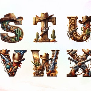 Puede incluir: Un conjunto de seis letras del alfabeto de tem&aacute;tica western, S, T, U, V, W y X, cada una elaborada con un sombrero de vaquero, pistolas, cuerda y otros motivos western.
