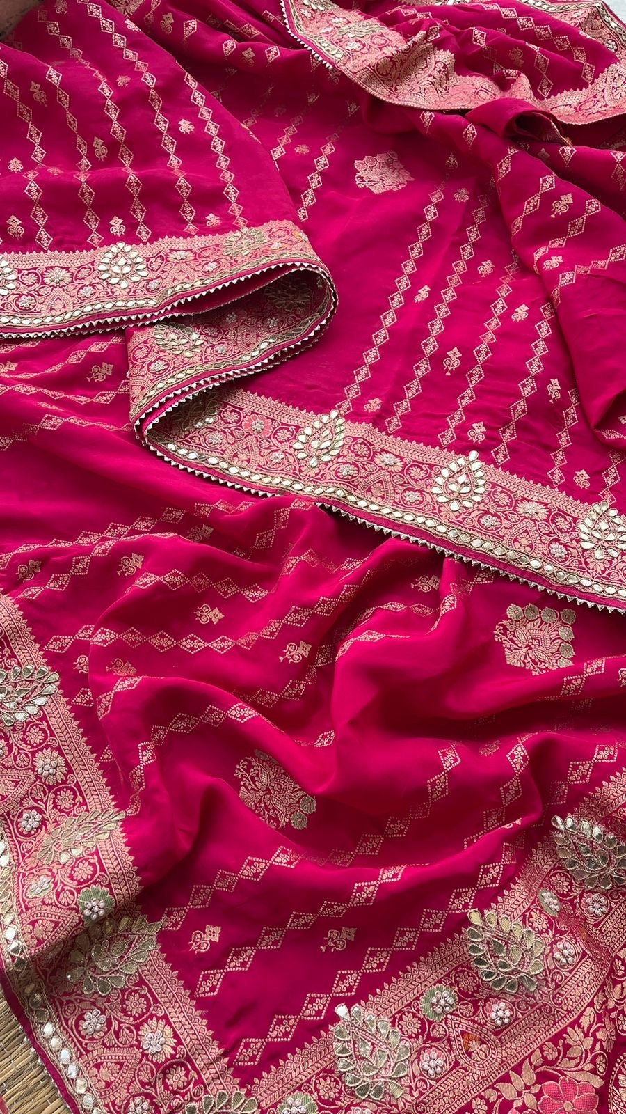 Sarara Rani Color Rani Colour Saree Gotta Patti Zardozi Handwork Saree Wedding Outfit ...
