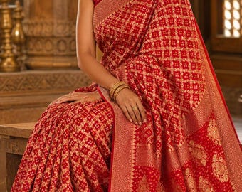 Rojo Rani Saree / Ghatchola Saree / Party Wear Sari / Banarasi Zari Sari / Vestido de novia