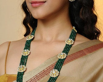 New Green Gold Flower Kundan Beaded Layered Necklace Emerald Necklace/ Long beaded necklace / Indian necklace / handmade jewellery