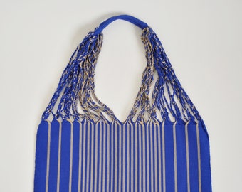 Eco-friendly Cotton Hammock Market Tote - Handwoven Backstrap Loom from Oaxaca, Mexico - Cobalt Blue with white stripes