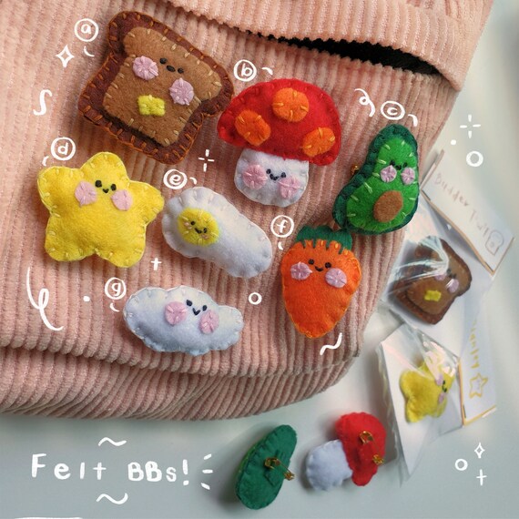 Hand sewn felt pins | Cute handmade kawaii artisanal brooch for kids mushroom avocado star carrot cloud toast bag shirt accessory gift idea