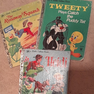 May include: Three vintage Little Golden Books. The first book is titled "The Runaway Squash" and features a cartoon boy riding a giant squash. The second book is titled "Tweety Plays Catch the Puddy Tat" and features Tweety Bird and Sylvester the Cat. The third book is titled "Heidi" and features a girl and a goat in a field.