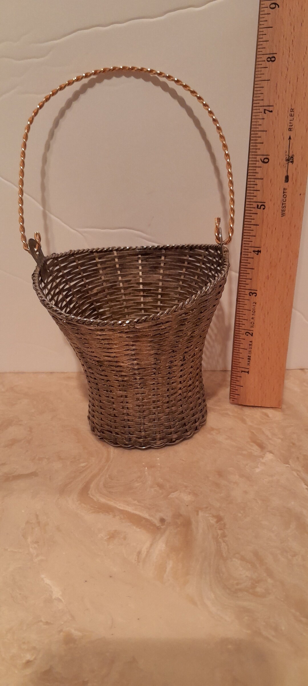 Vintage Woven Metal Basket With Handle Etsy