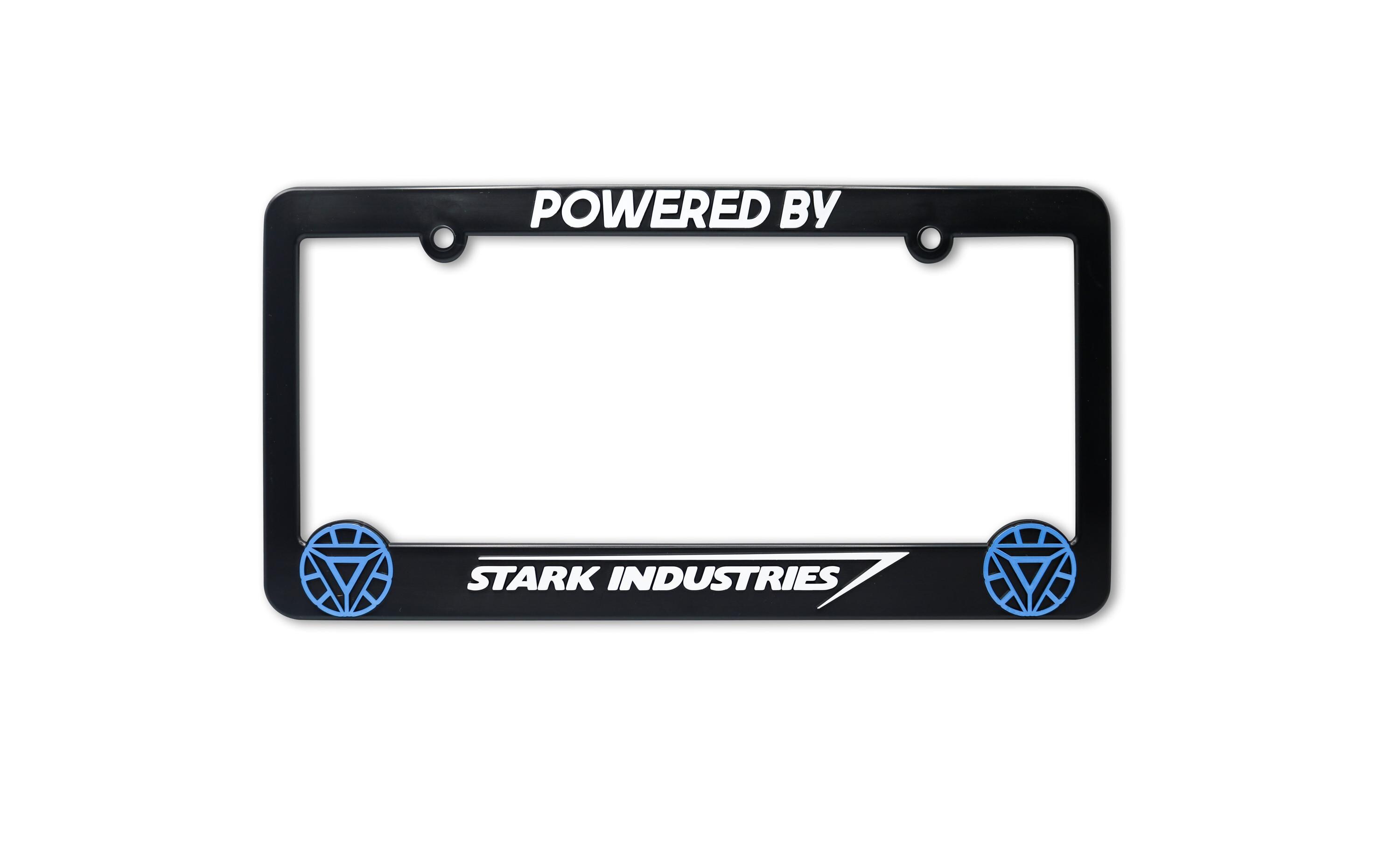 Powered By Stark Industries License Plate Frame – Avengers Iron Man Theme Black