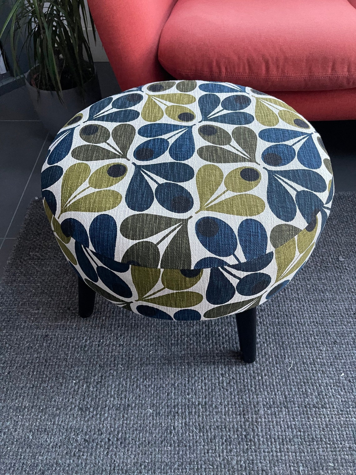 Extra Large round stool Orla Kiely acorn fabric. Etsy
