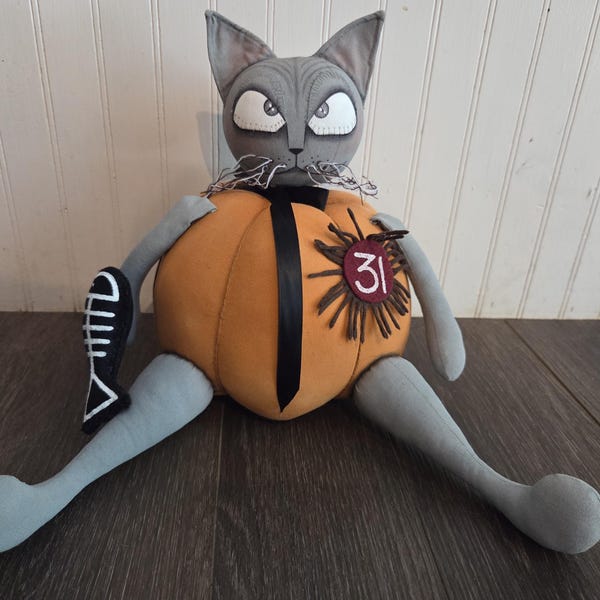 CAT in a PUMPKIN halloween doll / folk art /primitive / poke / shelf / OOAK whimsical