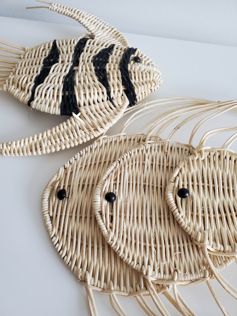 Set of 4 Wicker Rattan Angel Fish Wall Hanging Vintage Bath Etsy