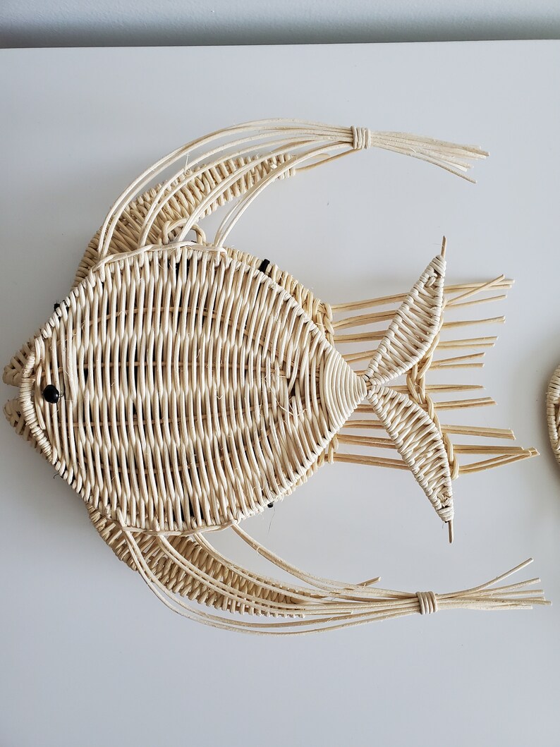 Set of 4 Wicker Rattan Angel Fish Wall Hanging Vintage Bath Etsy