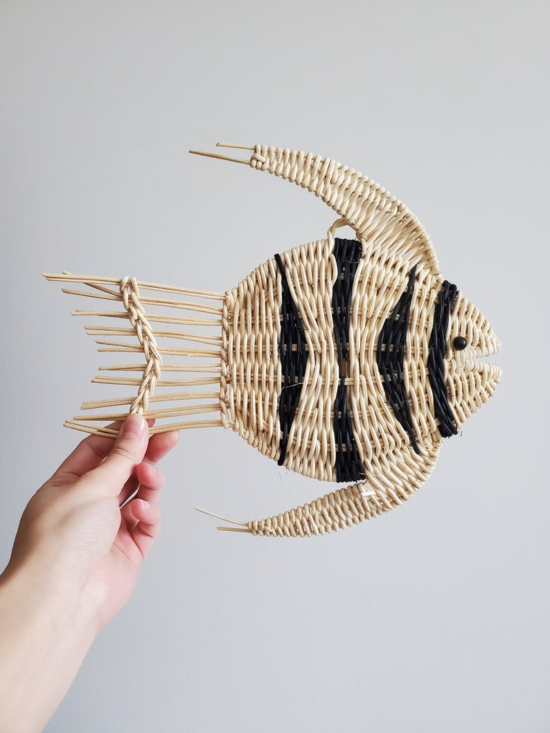 Set of 4 Wicker Rattan Angel Fish Wall Hanging Vintage Bath Etsy