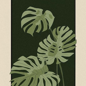 May include: A rectangular wall art print featuring a dark forest green background with three light sage green monstera leaves. The illustration uses clean black outlines to define the leaf shapes and veins, set within a thin black border frame.