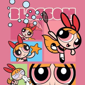 Könnte beinhalten: Ein rosa Grafikdruck mit der Figur Blossom aus den Powerpuff Girls in verschiedenen Posen, unter anderem mit einem Badmintonschläger, einem Seestern und einem Kaninchen. Der Text BLOSSOM steht oben mit blauen Blasen auf rosa Grund.
