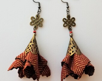 Red Herringbone Fabric Earring with Antique Bronze Filigree Cone Bead Cap