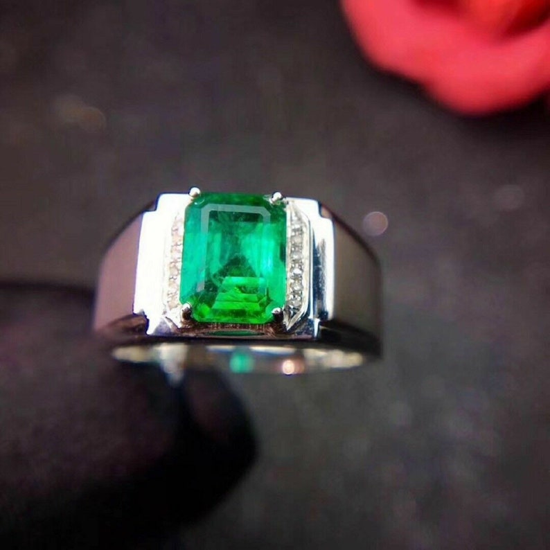 925 Sterling Silver Certified 4.50 Carat Gorgeous Natural Colombian Emerald Panna Green Gemstone Men/'s Ring