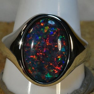 8.50 Carat Natural Australian Black Fire Opal Gemstone Handmade 925 Sterling Silver Solitaire Signature Men's Ring