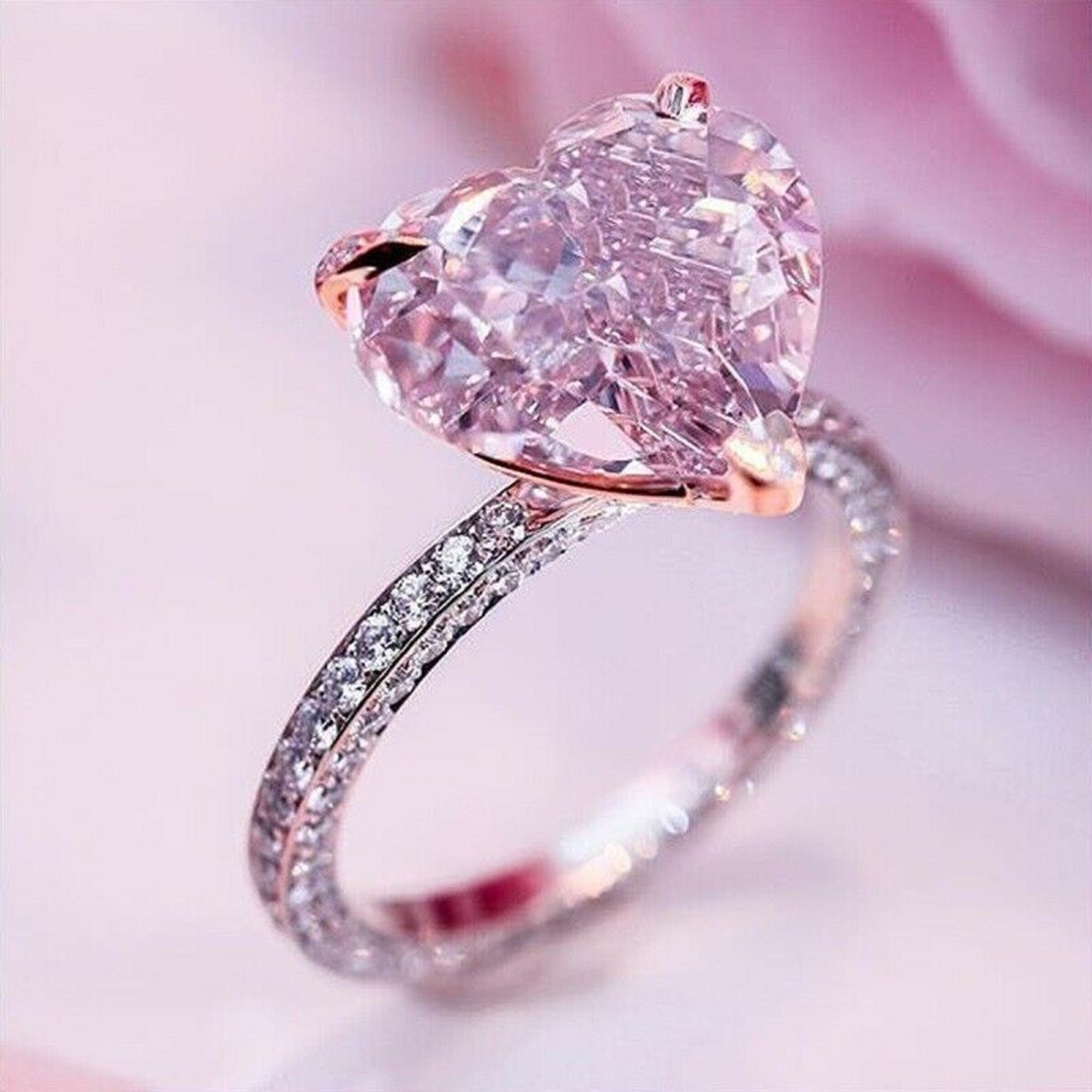 Pink Heart Diamond Engagement Promise Ring, Three Stone Pink