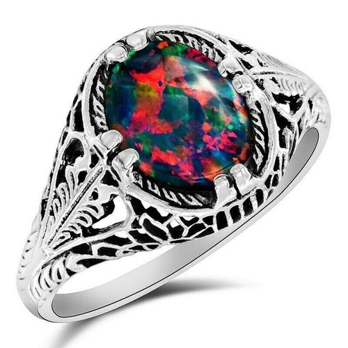 Natural Mens Black Fire Opal Ring Sterling Silver 925 Handmade Etsy