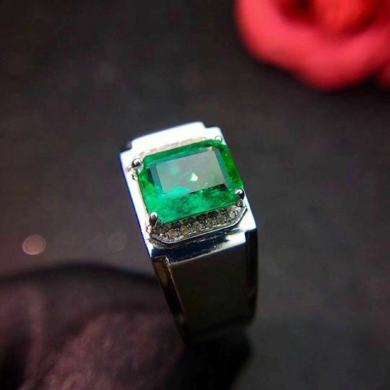 925 Sterling Silver Certified 4.50 Carat Gorgeous Natural Colombian Emerald Panna Green Gemstone Men/'s Ring