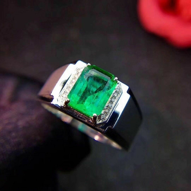 925 Sterling Silver Certified 4.50 Carat Gorgeous Natural Colombian Emerald Panna Green Gemstone Men/'s Ring