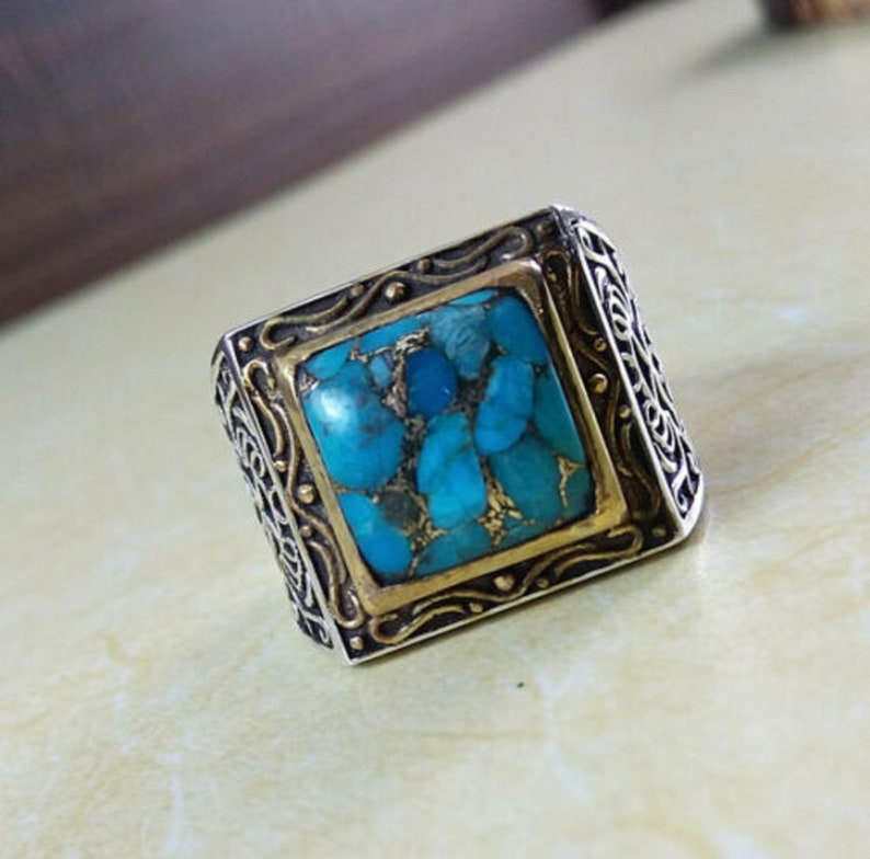 925 Sterling Silver 8.25 Carat Natural Turquoise Gemstone Mens Ring Jewelry