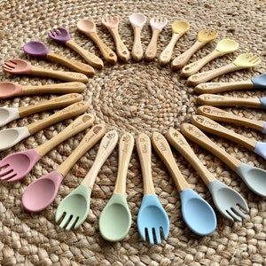 Personalized cutlery in wood and silicone for baby birth... Ideal gift for birth, baptism, birthday