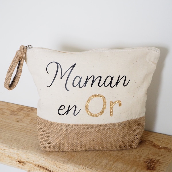 Kit / Bolsa / Bolsa con yute personalizado con texto de su elección Mamá en ORO - Abuela en ORO - Niñera en ORO - Madrina en ORO - Madrina en oro