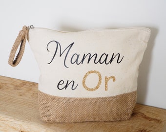 Trousse / Sacoche / Pochette avec jute personnalisée avec texte de votre choix Maman en OR - Mamie en OR - Nounou  en OR - Marraine en Or