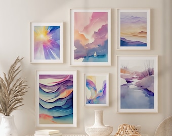 Puede incluir: Seis pinturas de acuarela en marcos blancos se muestran en una pared blanca sobre un banco blanco. Las pinturas presentan diseños abstractos en tonos de morado, azul y rosa. El banco tiene dos cestas de mimbre blancas en el suelo debajo. El texto "'ksanakalpa' ARTE IMPRIMIBLE PARA UNA VIDA INTENCIONAL" se muestra debajo del banco.