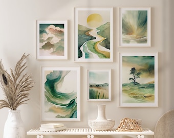 Puede incluir: Cinco pinturas de acuarela enmarcadas en tonos verdes, azules y amarillos que representan escenas de la naturaleza. Las pinturas están colgadas en una pared blanca sobre un banco blanco con dos cestas de mimbre y un jarrón. El texto 'ksanakalpa' y 'Arte imprimible para una vida intencional' está impreso debajo del banco.