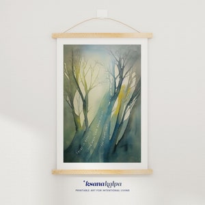 May include: A watercolor painting of a forest scene with a blue and green color scheme. The trees are silhouetted against a light blue sky. The text "Pain is rare, Joy is with you more than you think, The peace is in you, This moment is yours" is written in white on the trees.