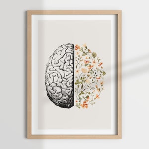 BRAIN BLOOM, brain art flower anatomy, psychology brain art print, mental health art, therapy office, psychologist office, therapist gift
