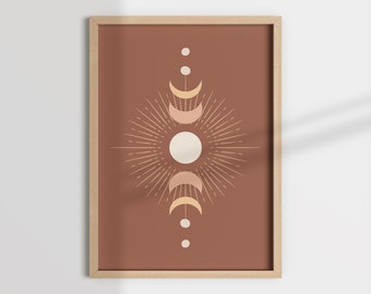 Boho moon phase wall print, abstract printable, Mid century modern art, boho eclipse art