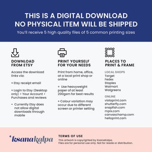 Puede incluir: Un gr&aacute;fico de descarga digital con instrucciones sobre c&oacute;mo descargar e imprimir un archivo digital. El gr&aacute;fico incluye el texto "Esta es una descarga digital. No se enviar&aacute; ning&uacute;n art&iacute;culo f&iacute;sico." y "Recibir&aacute;s 5 archivos de alta calidad en 5 tama&ntilde;os de impresi&oacute;n comunes."