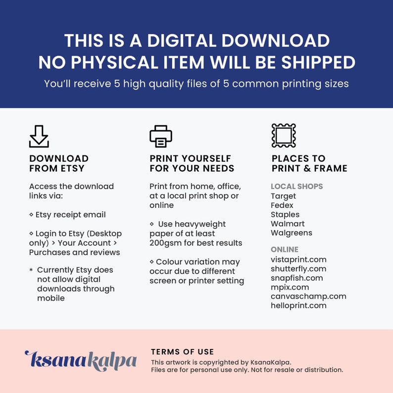 Puede incluir: Un gr&aacute;fico de descarga digital con instrucciones sobre c&oacute;mo descargar e imprimir un archivo digital. El gr&aacute;fico incluye el texto "Esta es una descarga digital. No se enviar&aacute; ning&uacute;n art&iacute;culo f&iacute;sico." y "Recibir&aacute;s 5 archivos de alta calidad en 5 tama&ntilde;os de impresi&oacute;n comunes."