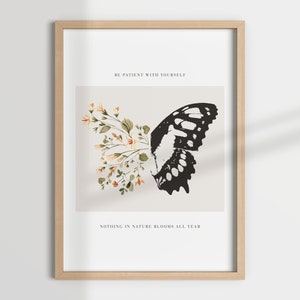 BE PATIENT with YOURSELF, psychologist office, therapist decor, neutral wall art, butterfly print, watercolor flowers, therapy office