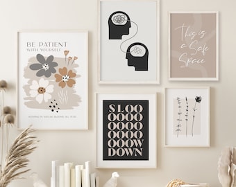 NEUTRAL SAFE SPACE, set of 5 prints, counselling, counsellor office, therapy, therapist office, greige wall art, neutral prints, social work