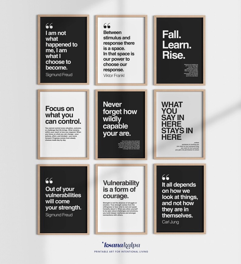 May include: Nine framed art prints with inspirational quotes in black and white. The prints feature quotes by Sigmund Freud, Viktor Frankl, and Carl Jung, among others. The prints are displayed on a white wall.