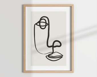 Face one line drawing, abstract face wall art, line drawing print, neutral, minimal outline art, greige wall art