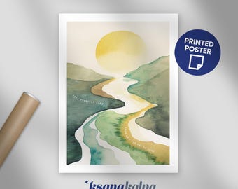 May include: A watercolor painting of a river winding through a landscape with a yellow sun in the background. The text "Give yourself time... and see how far you've come" is written on the river.