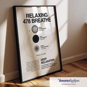 May include: A framed poster with the text "RELAXING 478 BREATHE" and instructions for deep relaxation. The poster includes diagrams and text explaining the 4-7-8 breathing technique, designed to calm the nervous system. The poster is displayed on a wooden floor.