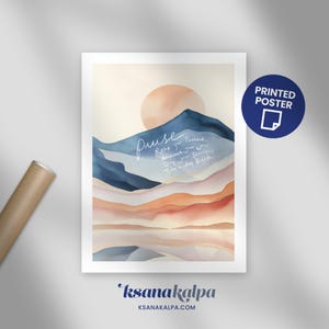May include: A rectangular printed poster featuring a watercolour-style landscape with layered mountains in shades of blue, peach, and cream. The text reads: Pause. Relax your forehead. Unclench your jaw. Drop your shoulders. Take a deep breath.