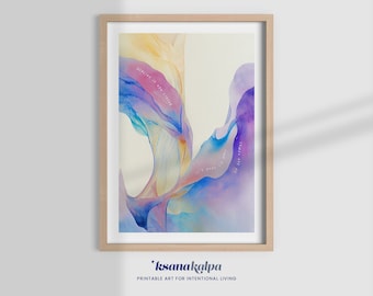 Peut inclure: Peinture abstraite à l'aquarelle dans des tons de bleu, violet et jaune avec le texte "La guérison est un travail intérieur" et "C'est bien de ne pas aller bien" en blanc. La peinture est encadrée dans un cadre en bois clair.