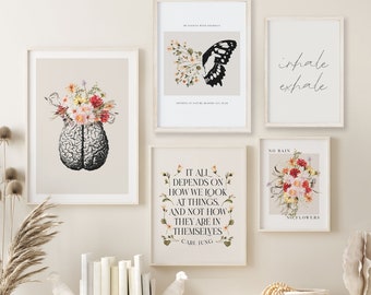 TERAPIA NATURAL, juego de 5, juego de pared de galería, decoración terapéutica, consultorio de terapeuta, asesoramiento, consultorio de psicólogo, impresión neutra, arte mural floral