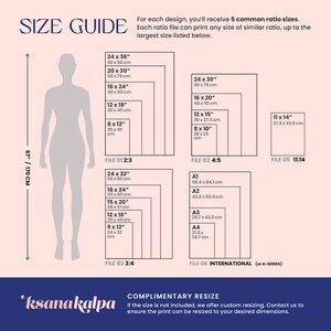 May include: Size guide graphic with a silhouette and size charts. Includes measurements in inches and centimeters for various print sizes, such as 24x36 inches (60x90 cm) and 11x14 inches (27.9 x 35.5 cm).
