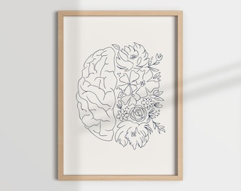 Könnte beinhalten: Linienkunst-Druck eines Gehirns mit Blumen, die daraus wachsen. Das Gehirn befindet sich auf der linken Seite des Bildes und die Blumen auf der rechten Seite. Die Blumen sind stilisiert und umfassen Rosen, Gänseblümchen und andere Blüten.