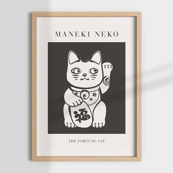 MANEKI NEKO wall art, fortune cat, manekineko print, lucky cat, mid century, museum poster, exhibition art, neutral print, housewarming gift